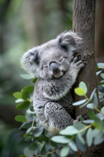 Foto un bebé koala aferrado a un eucalipto que parece soñoliento