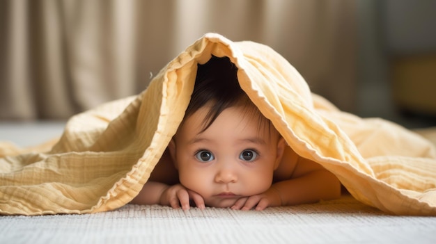 un bebé lindo asomando de debajo de una manta las alegrías de la infancia de la paternidad