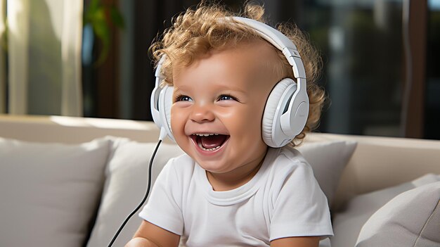 un bebé lindo con auriculares