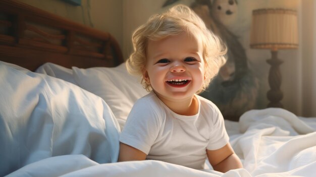 bebé lindo en la cama alegre