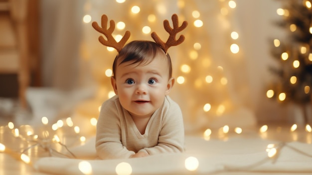 Bebé lindo con cuernos de reno en el fondo de Navidad IA generativa