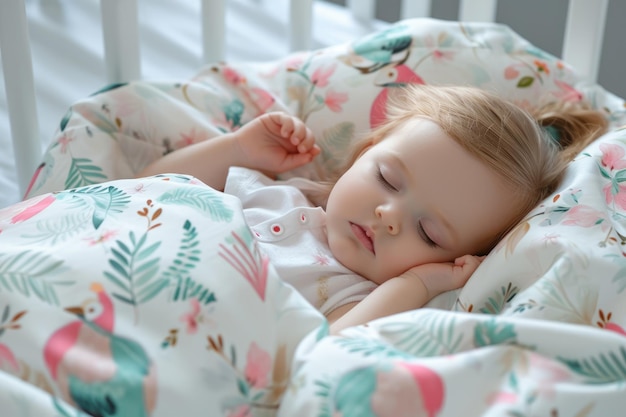 Foto un bebé lindo durmiendo en una cama con tema del bosque.