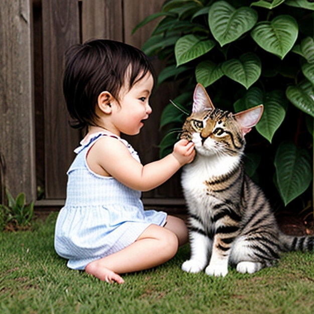 Foto bebé y lindo gato jugando