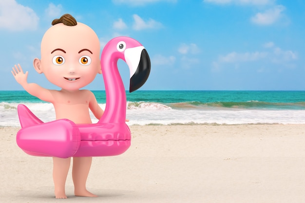 Bebé lindo de la historieta con el juguete del flamenco rosado de goma inflable de la piscina del verano en un fondo de la playa de la arena del océano o del mar. Representación 3D