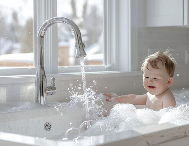 Un bebé lindo jugando con agua y espuma de jabón