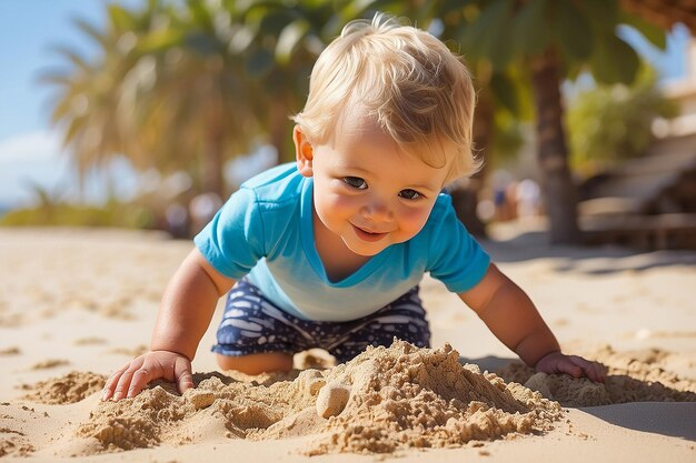 Un bebé lindo jugando con arena en la playa en un día de verano.