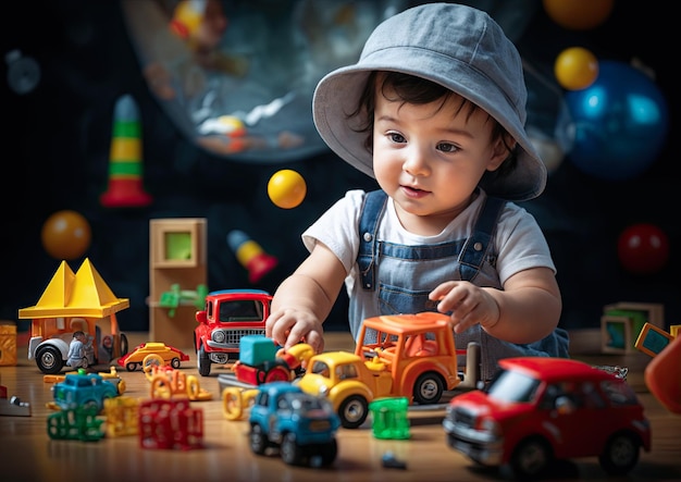 Un bebé lindo jugando con juguetes en un fondo oscuro Concepto educativo