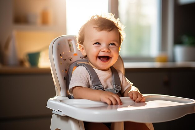 Foto el bebé lindo está sentado en una silla de bebé en la cocina comida para bebés