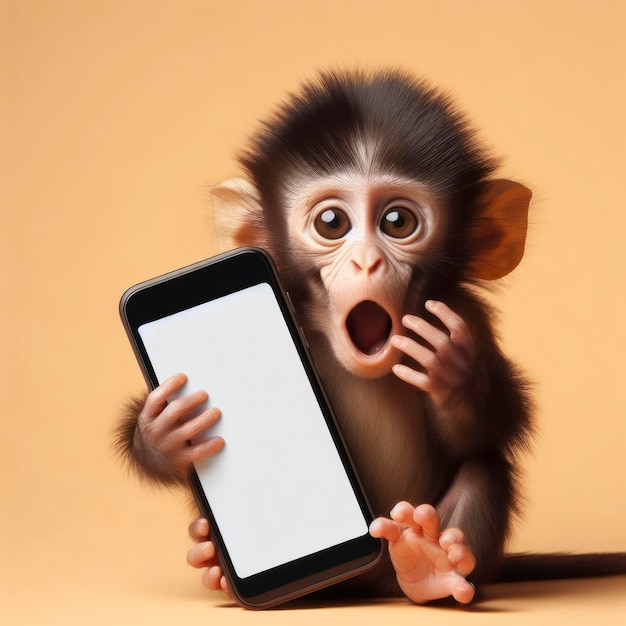 Bebê macaco real chocado segurando smartphone com tela de maquete branca ai generativa