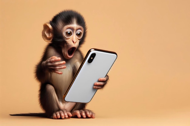 Bebê macaco real chocado segurando smartphone com tela de maquete branca oai generativo