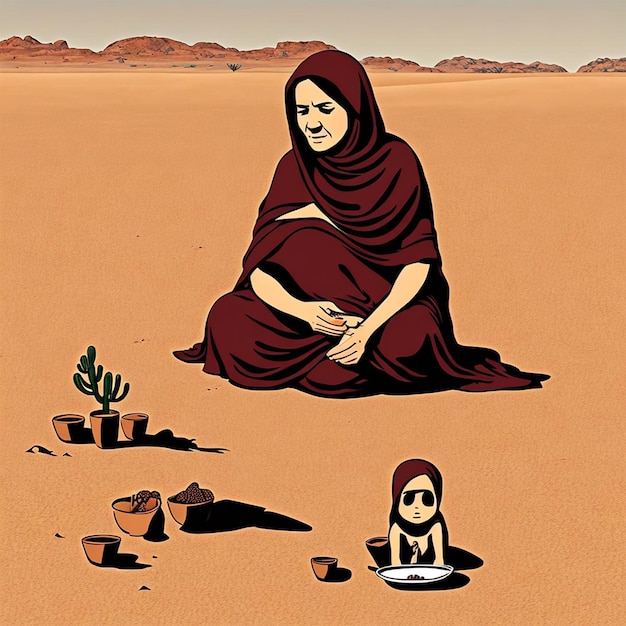 Bebé y madre en el desierto solos sin comida ni agua en ilustración