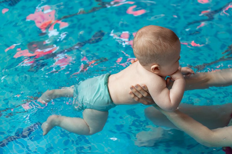 Bebé con mamá aprende a nadar en la piscina