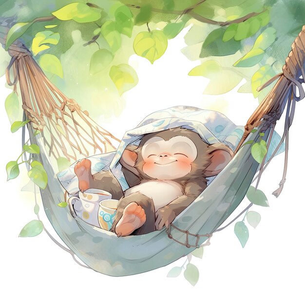Foto un bebé mono dormido en una ilustración de acuarela en una hamaca