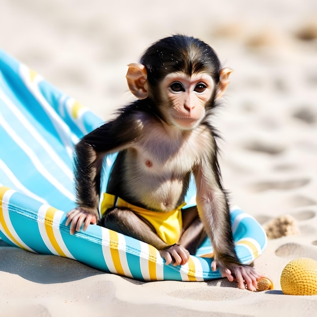 Foto un bebé mono se pone al sol en una playa con pantalones cortos de baño parece estar disfrutando del calor de