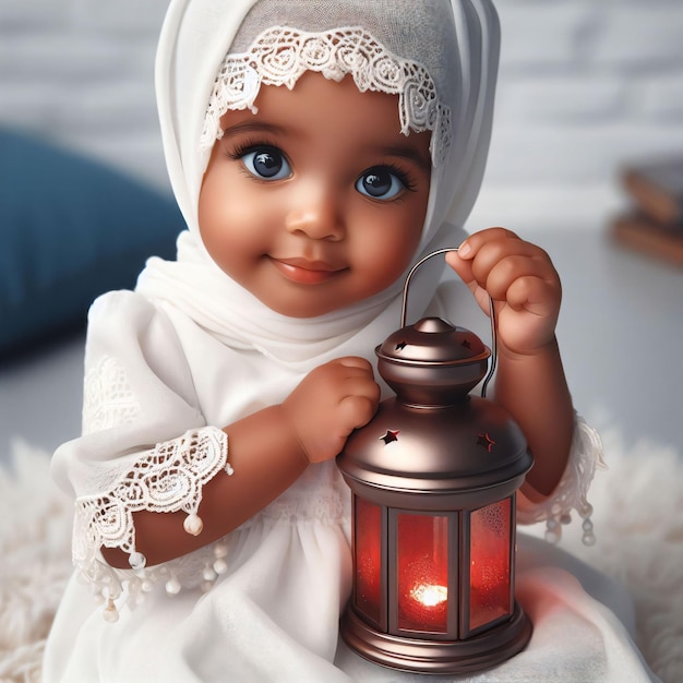 Bebê muçulmana segura uma lanterna do Ramadan