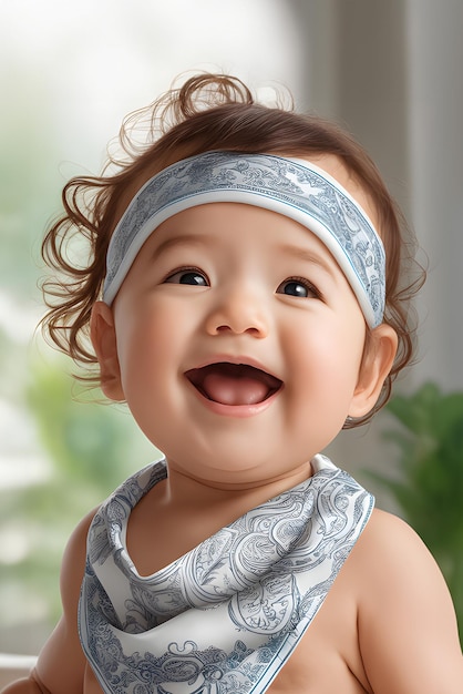 Bebé muy feliz sonriendo vistiendo babero impreso bandana cabello castaño