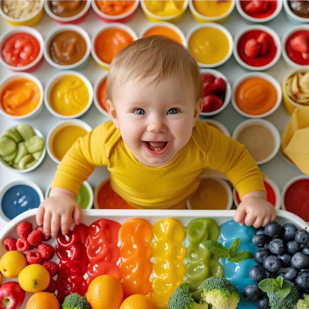 Bebê na bandeja de arco-íris com alimentos coloridos