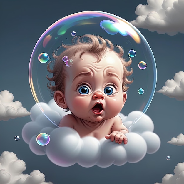 bebê na chuvabebê fofo em uma grande nuvem