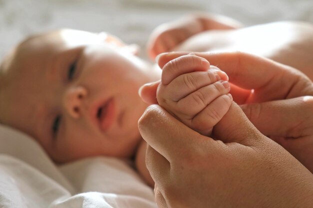 Bebê na mão da mãe mãos bebê recém-nascido dedos minúsculos fechar maternidade família nascimento bebê