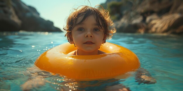 bebê nada no mar em um anel inflável laranja