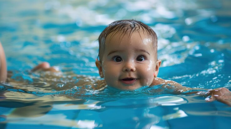Bebé nadando con la ayuda de un instructor de apoyo en una piscina azul