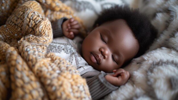 Bebé negro lindo durmiendo en el interior generativo ai
