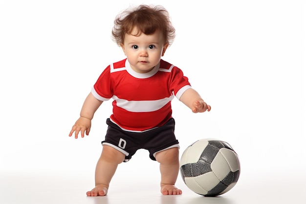 Bebé niño en camiseta de fútbol en blanco