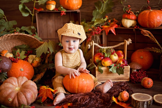 Bebé niño con un carro con calabazas, viburnum, rowan, manzanas