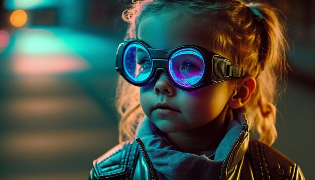 bebé niños gafas VR estilo de moda futurista en la luz de neón de la calle IA generativa