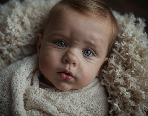 un bebé con ojos azules y una manta marrón con ojos azales