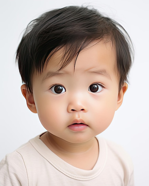 un bebé con ojos marrones y una camisa blanca