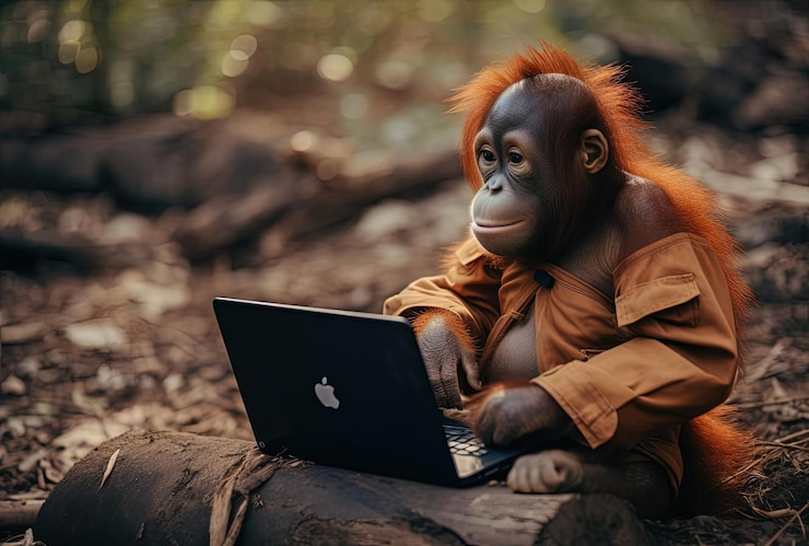Foto bebé orangután sentado en el suelo usando una computadora portátil en la selva en el estilo de las representaciones de