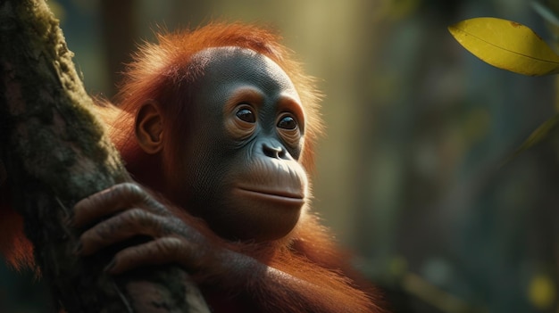 Un bebé orangután se sienta en la rama de un árbol en la jungla.