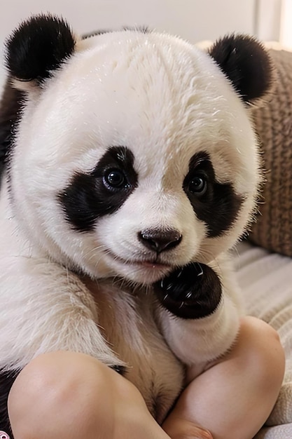 Foto un bebé oso con ojos negros y ojos negros se sienta en un sofá blanco