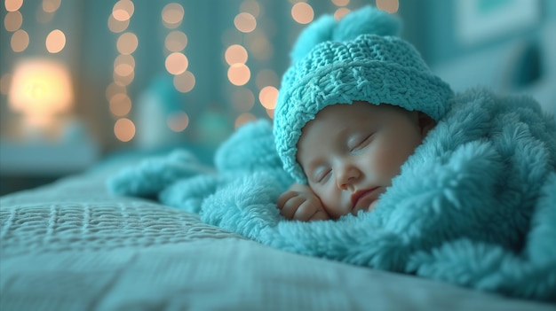 Foto un bebé pacífico durmiendo en una cama con una manta azul