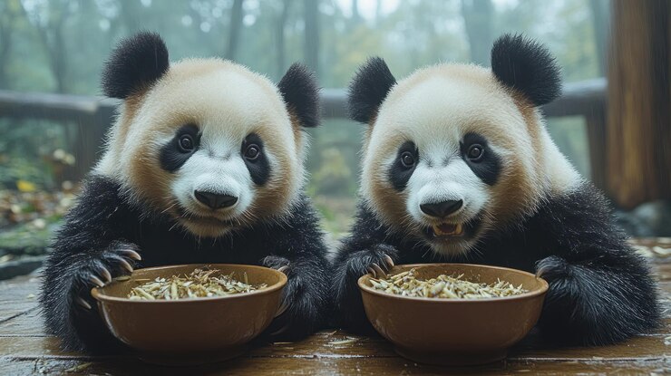 Foto el bebé panda se acurruca y come por la mañana en el zoológico.