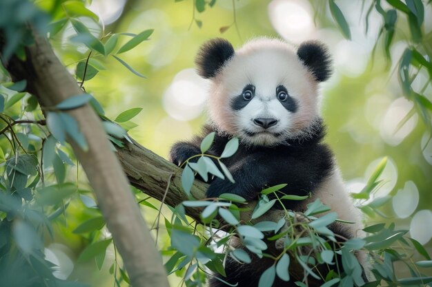 Foto bebê panda comendo bambu na floresta dia nacional do panda