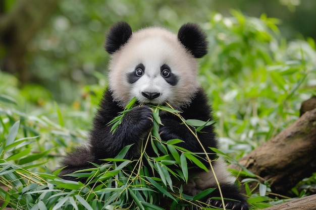 El bebé panda comiendo bambú en el bosque Día Nacional del Panda