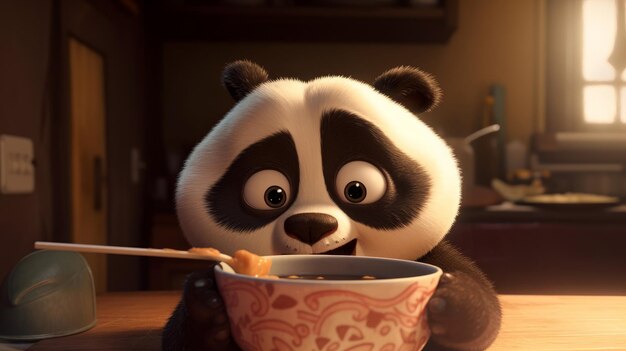 Foto bebê panda feliz comendo macarrão e tofu imagem de estilo de desenho animado de ia generativa