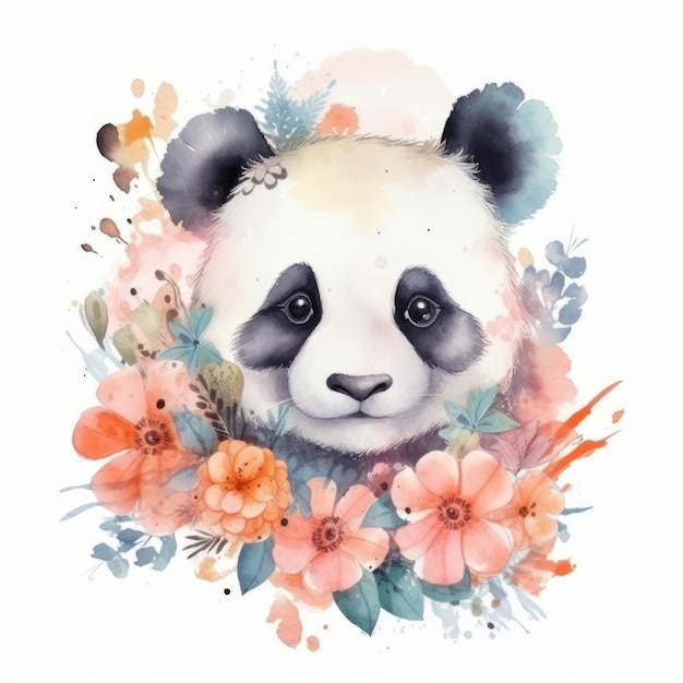 Bebê panda fofo aquarelado rodeado de flores
