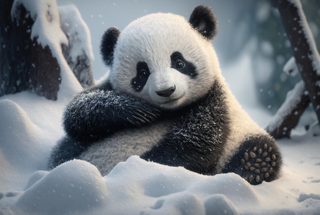 Bebê Panda fofo brincando na neve inverno Generative Ai