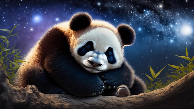 Bebê panda gigante adormecido com o céu estrelado da noite Generative Ai
