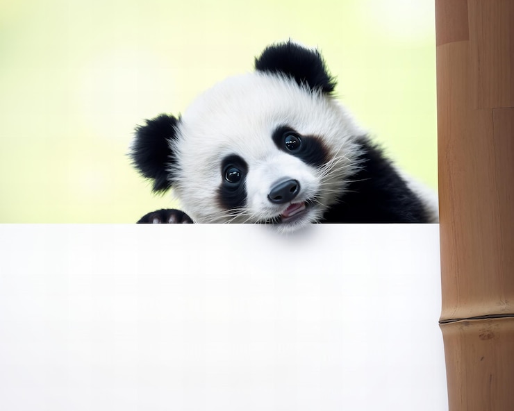 Foto el bebé panda mirando por encima del borde con un fondo de bambú claro