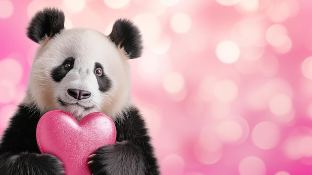 Bebé panda con regalo de corazón en fondo mágico para el espacio de texto del día de San Valentín