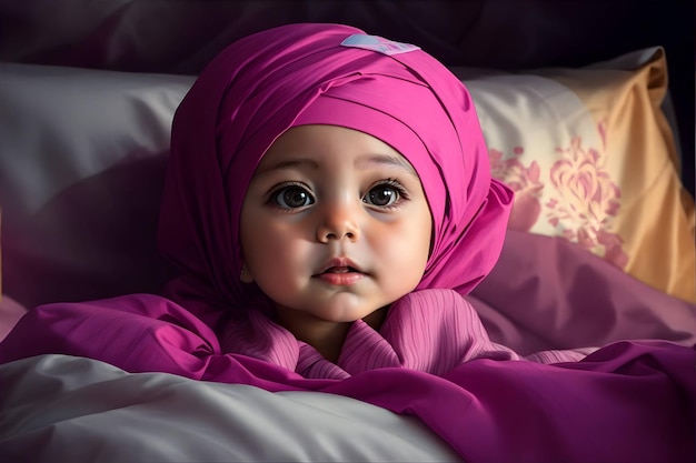 Bebé con pañuelo en la cabeza en la cama generativo usando ai