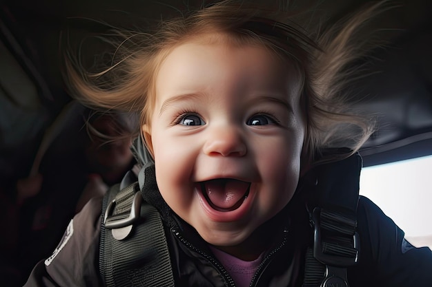 Bebé paracaidista Durante el salto en paracaídas, el pequeño y alegre niño se llena de euforia y asombro mientras disfruta de las impresionantes vistas desde arriba IA generativa