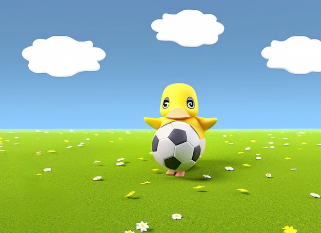 Un bebé pato lindo en 3D jugando al fútbol.