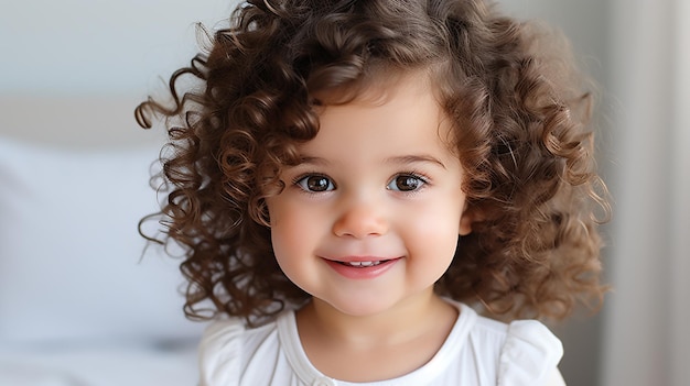 Un bebé con pelo rizado y camiseta blanca generado por IA