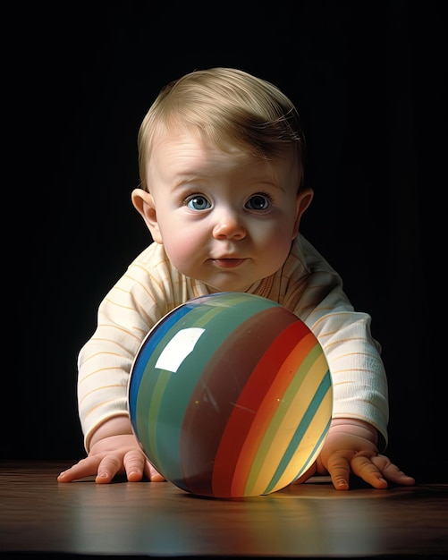 Foto un bebé con una pelota de colores multicolores en el estilo del ganador del concurso