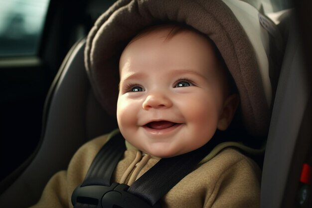 Un bebé pequeño en un asiento de automóvil sonríe con IA generativa